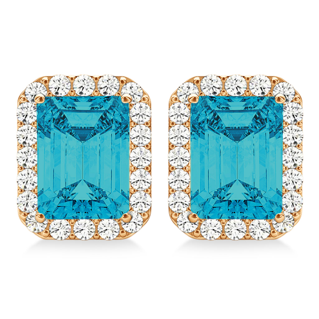 Emerald Cut Blue & White Diamond Halo Earrings 14k Rose Gold (2.42ct)