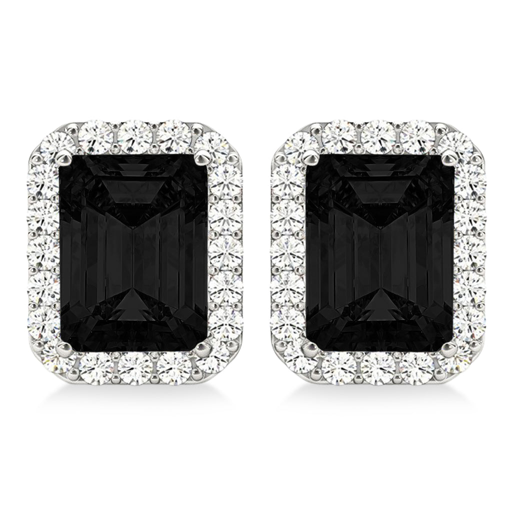 Emerald Cut Black & White Diamond Halo Earrings 14k White Gold (2.42ct)