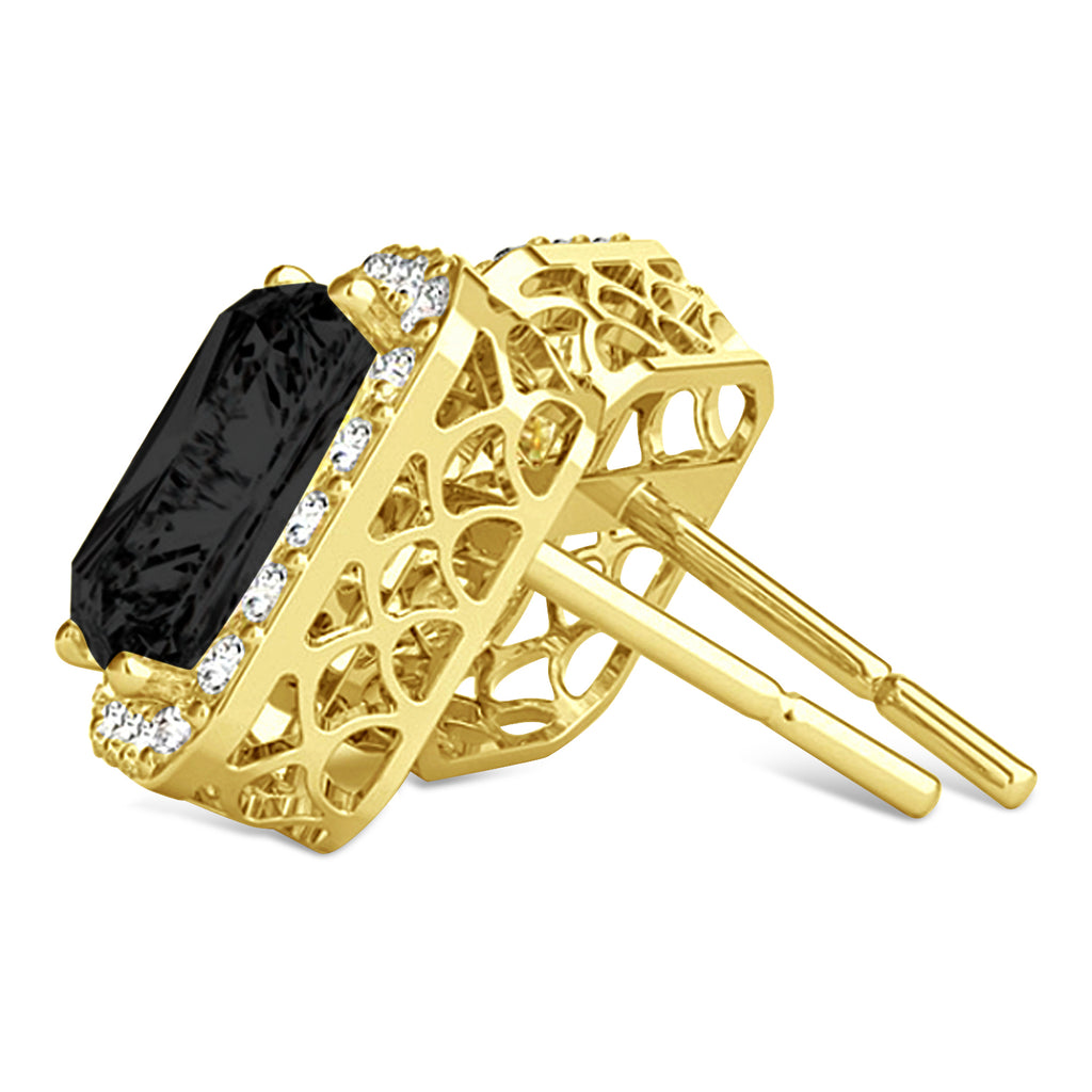 Emerald Cut Black & White Diamond Halo Earrings 14k Yellow Gold (2.42ct)