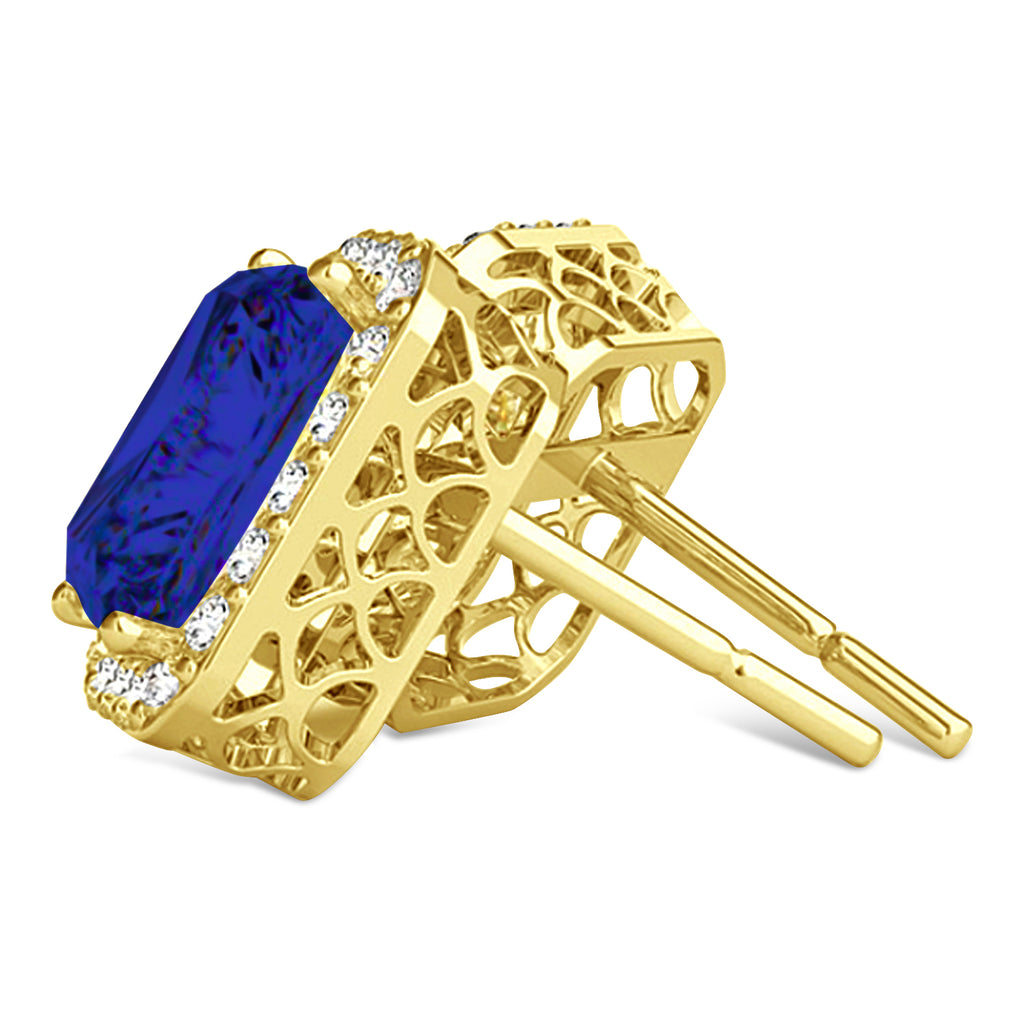 Emerald Cut Blue Sapphire & Diamond Halo Earrings 14k Yellow Gold (2.60ct)