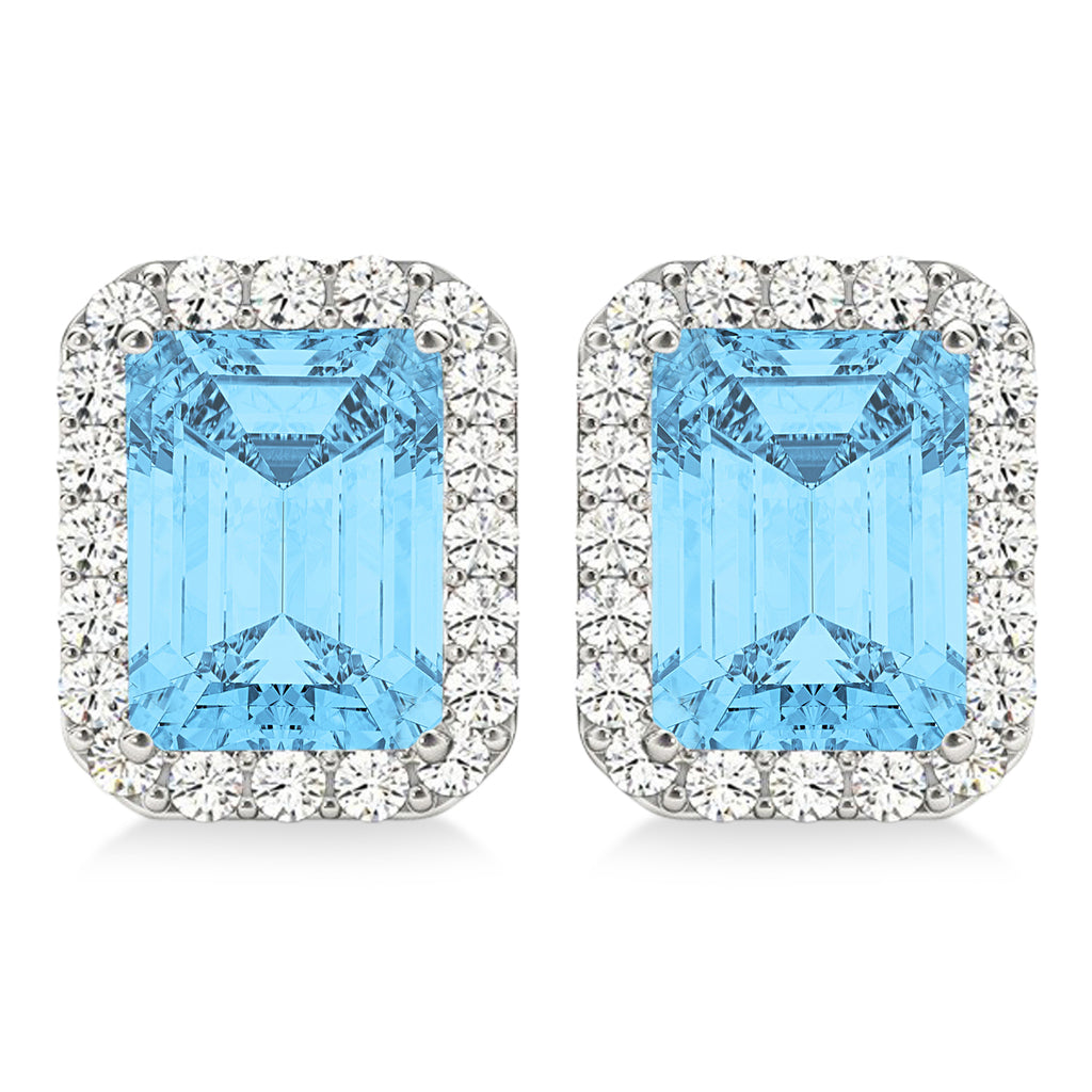 Emerald Cut Blue Topaz & Diamond Halo Earrings 14k White Gold (2.80ct)