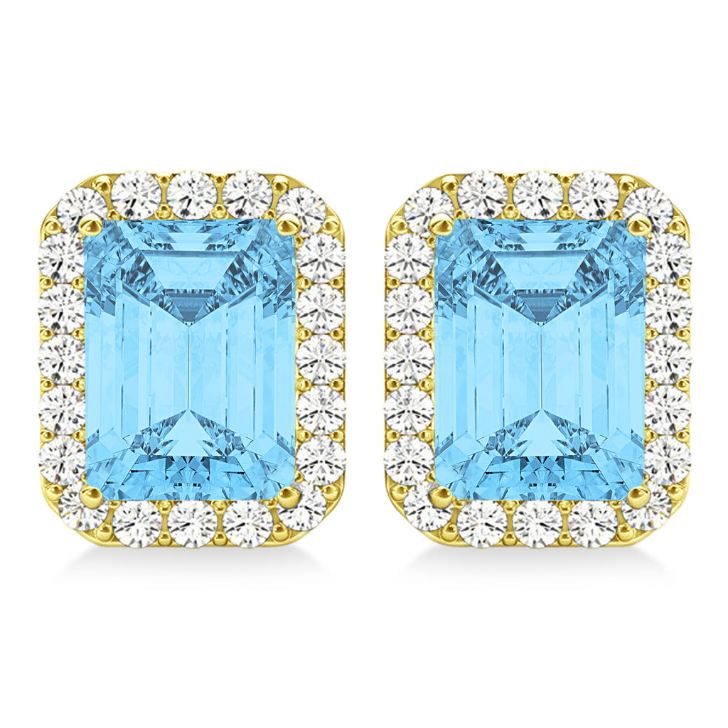 Emerald Cut Blue Topaz & Diamond Halo Earrings 14k Yellow Gold (2.80ct)