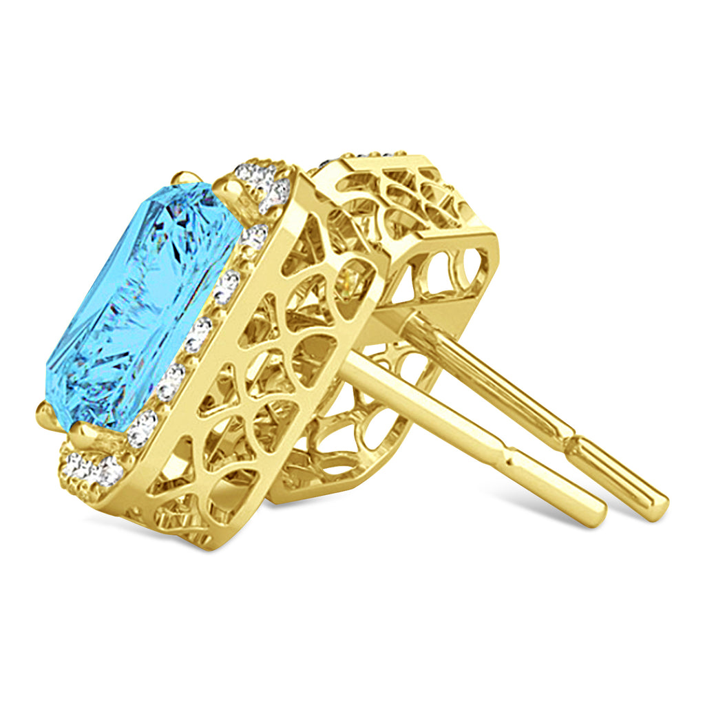 Emerald Cut Blue Topaz & Diamond Halo Earrings 14k Yellow Gold (2.80ct)
