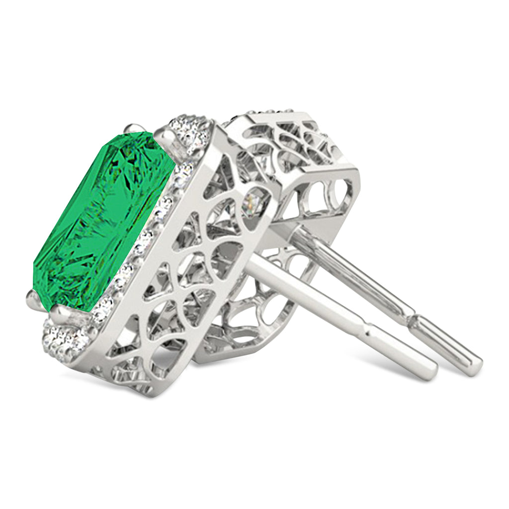 Emerald Cut Emerald & Diamond Halo Earrings 14k White Gold (2.10ct)