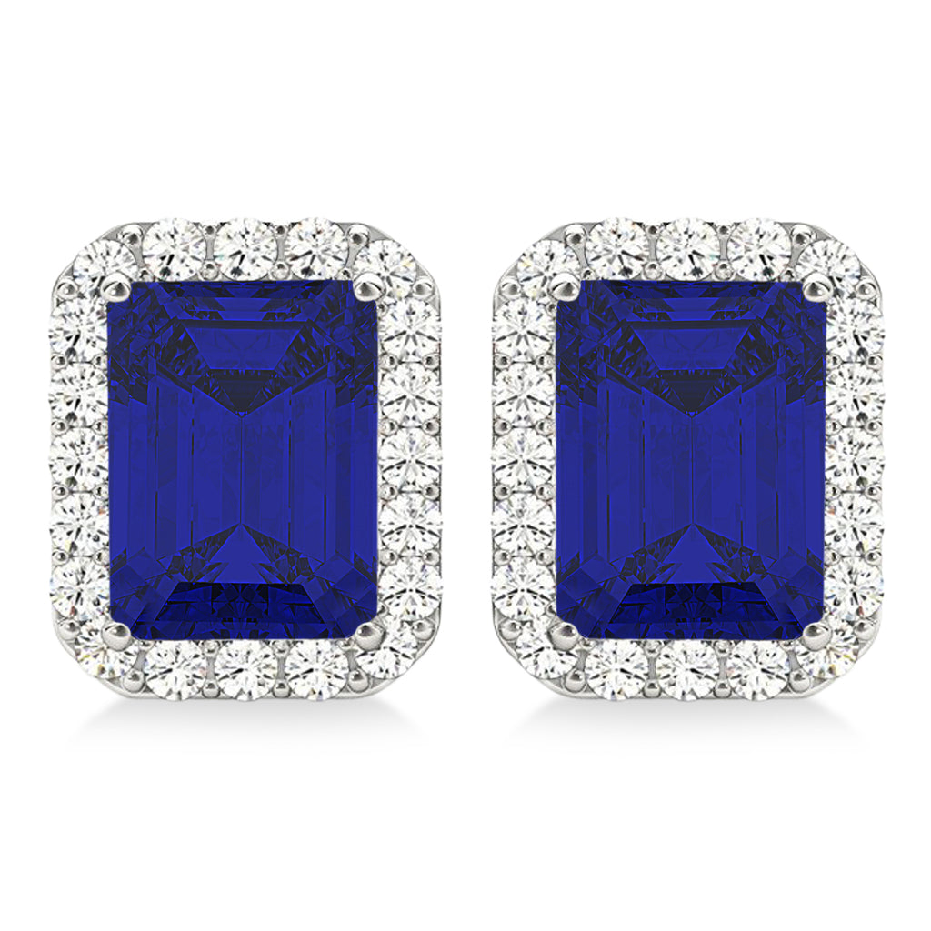 Emerald Cut Lab Blue Sapphire & Diamond Halo Earrings 14k White Gold (2.60ct)