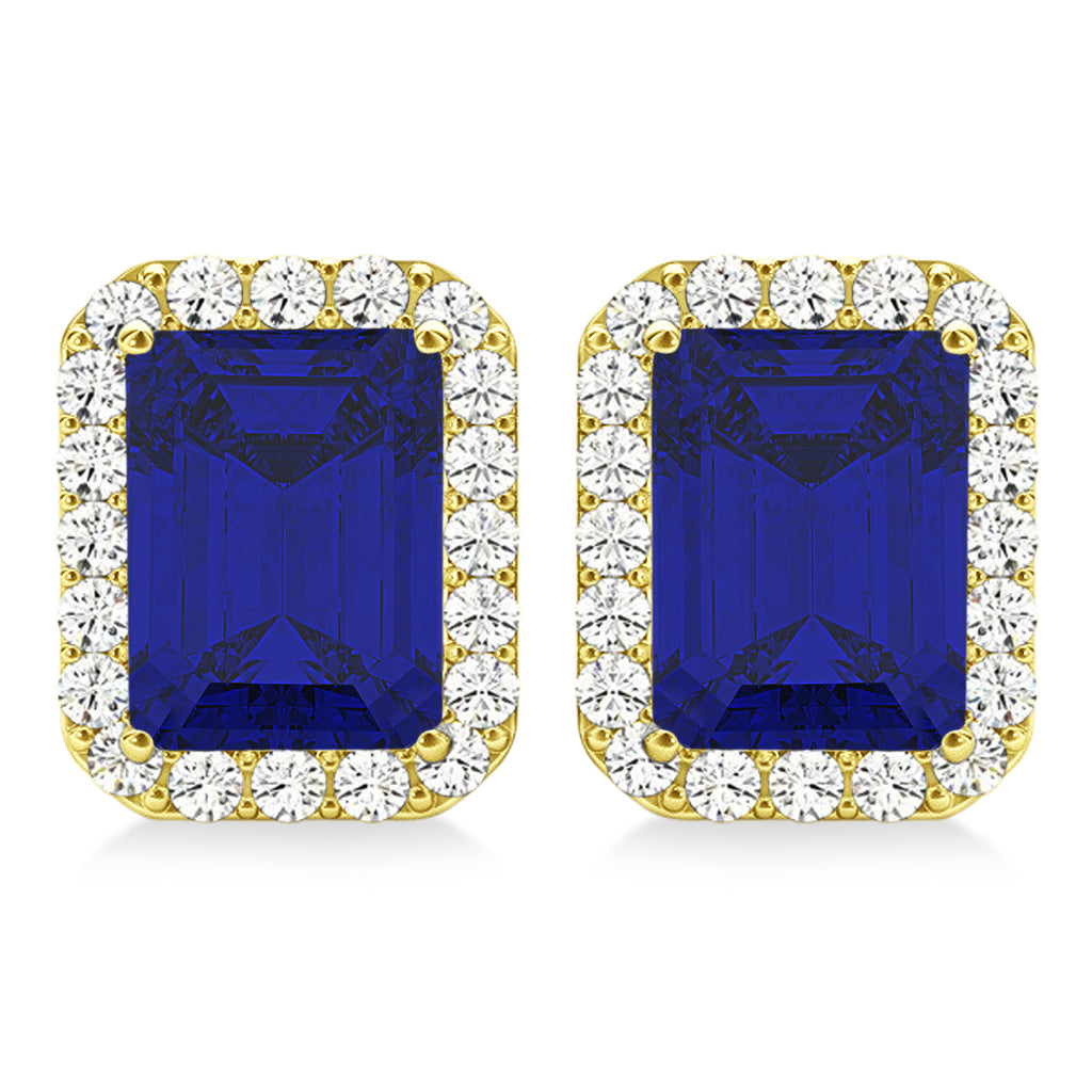 Emerald Cut Lab Blue Sapphire & Diamond Halo Earrings 14k Yellow Gold (2.60ct)