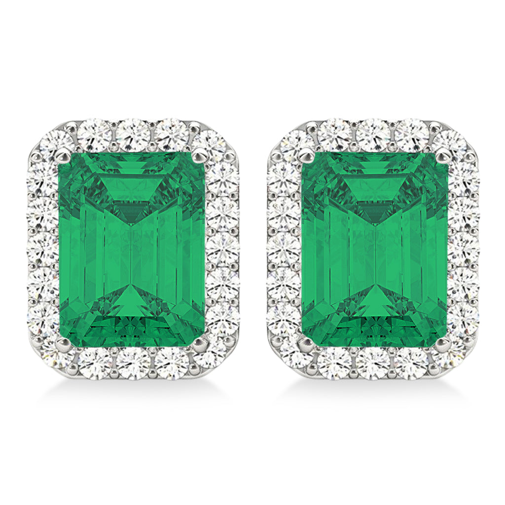 Emerald Cut Lab Emerald & Diamond Halo Earrings 14k White Gold (2.10ct)