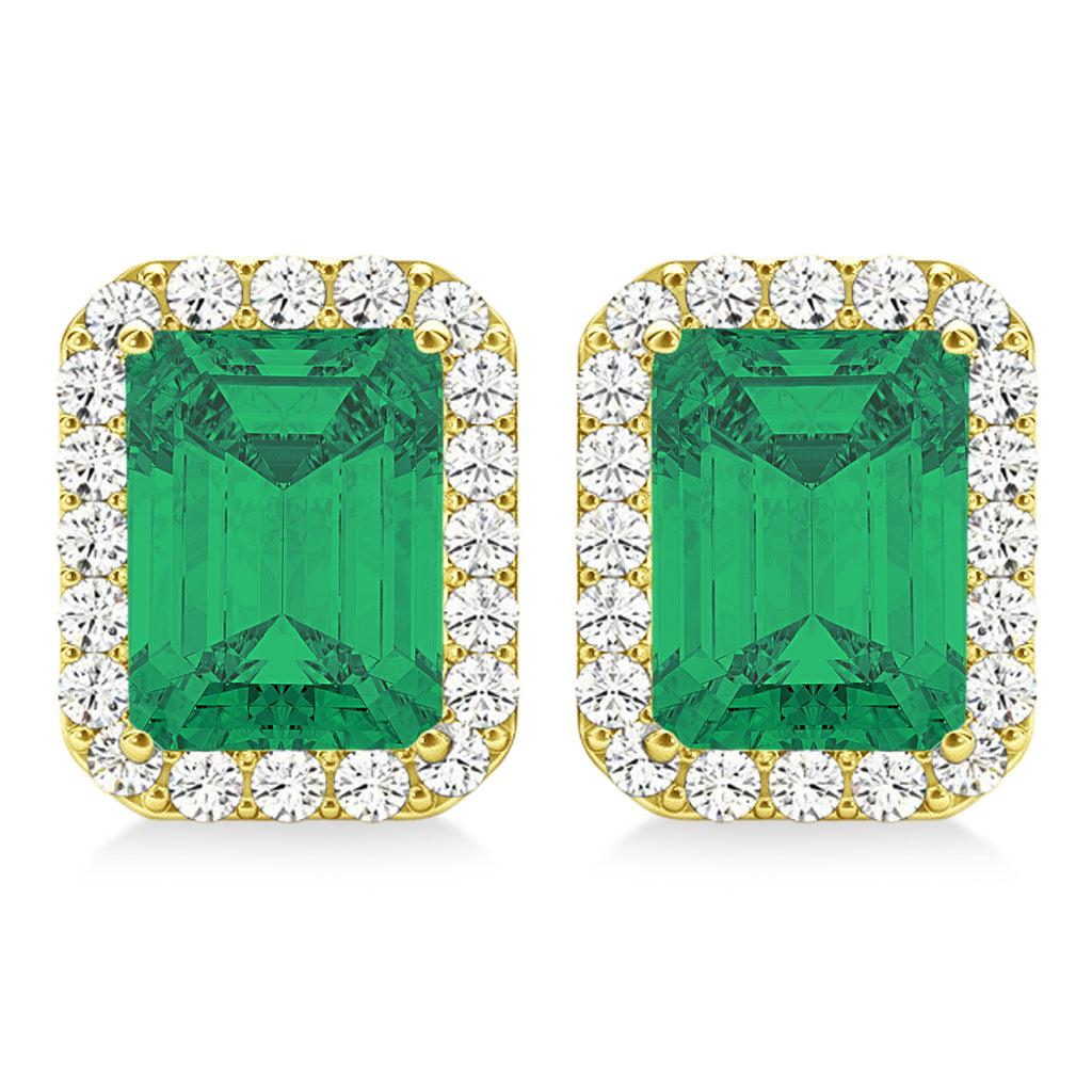 Emerald Cut Lab Emerald & Diamond Halo Earrings 14k Yellow Gold (2.10ct)