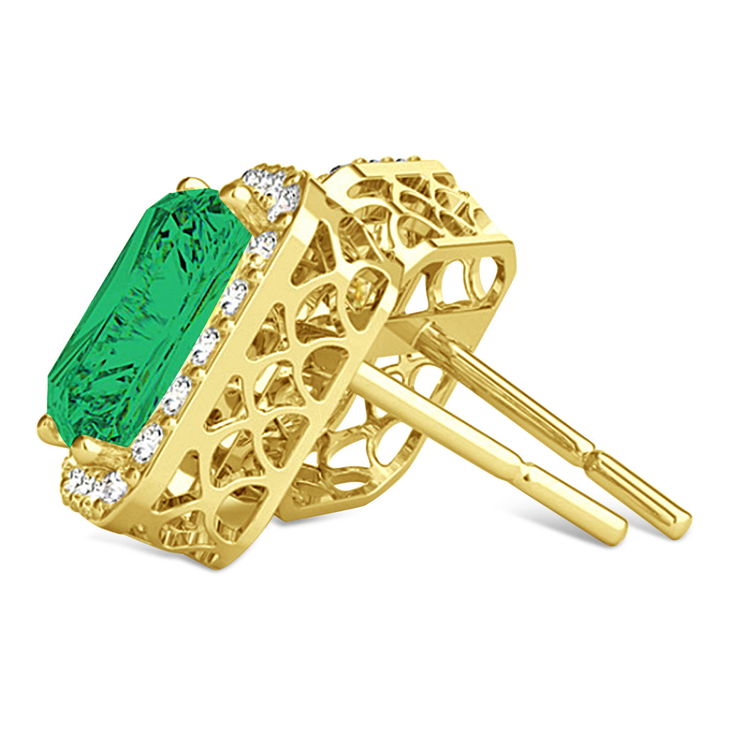 Emerald Cut Lab Emerald & Diamond Halo Earrings 14k Yellow Gold (2.10ct)