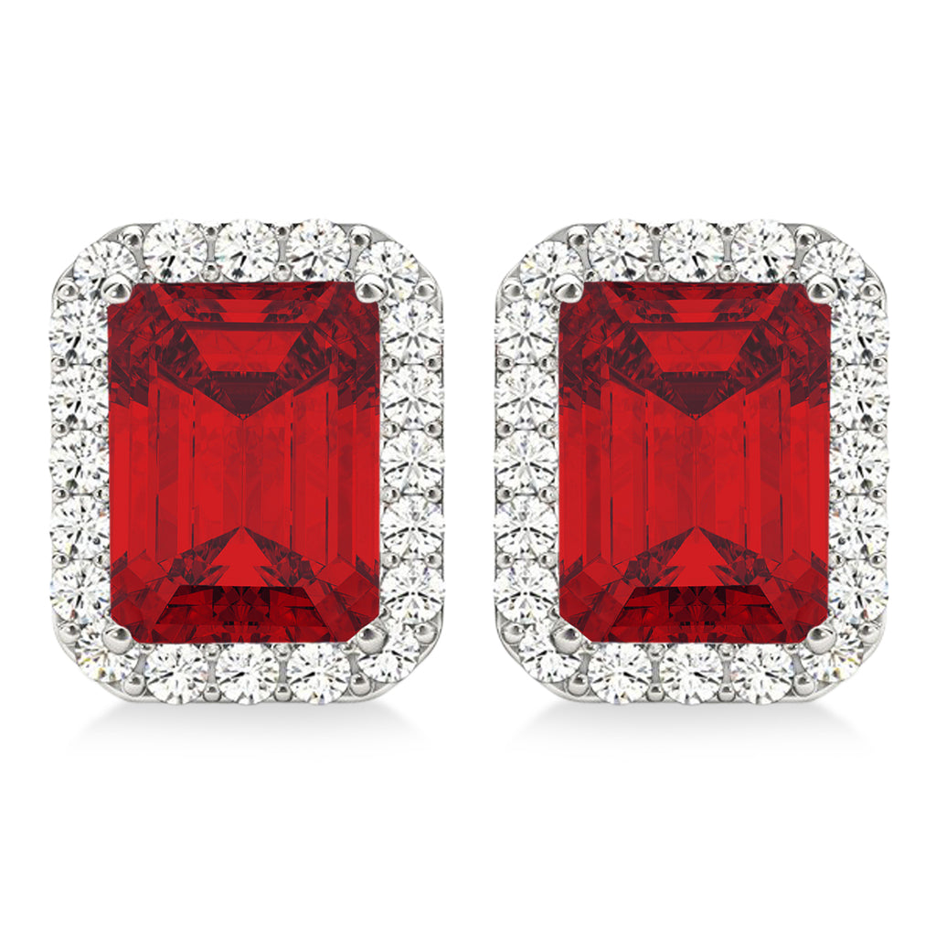 Emerald Cut Lab Ruby & Diamond Halo Earrings 14k White Gold (2.60ct)