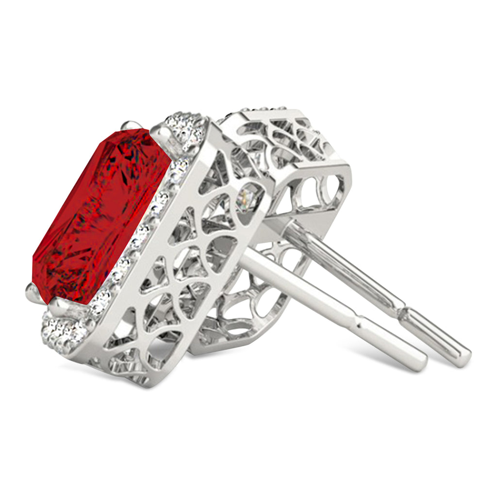 Emerald Cut Lab Ruby & Diamond Halo Earrings 14k White Gold (2.60ct)