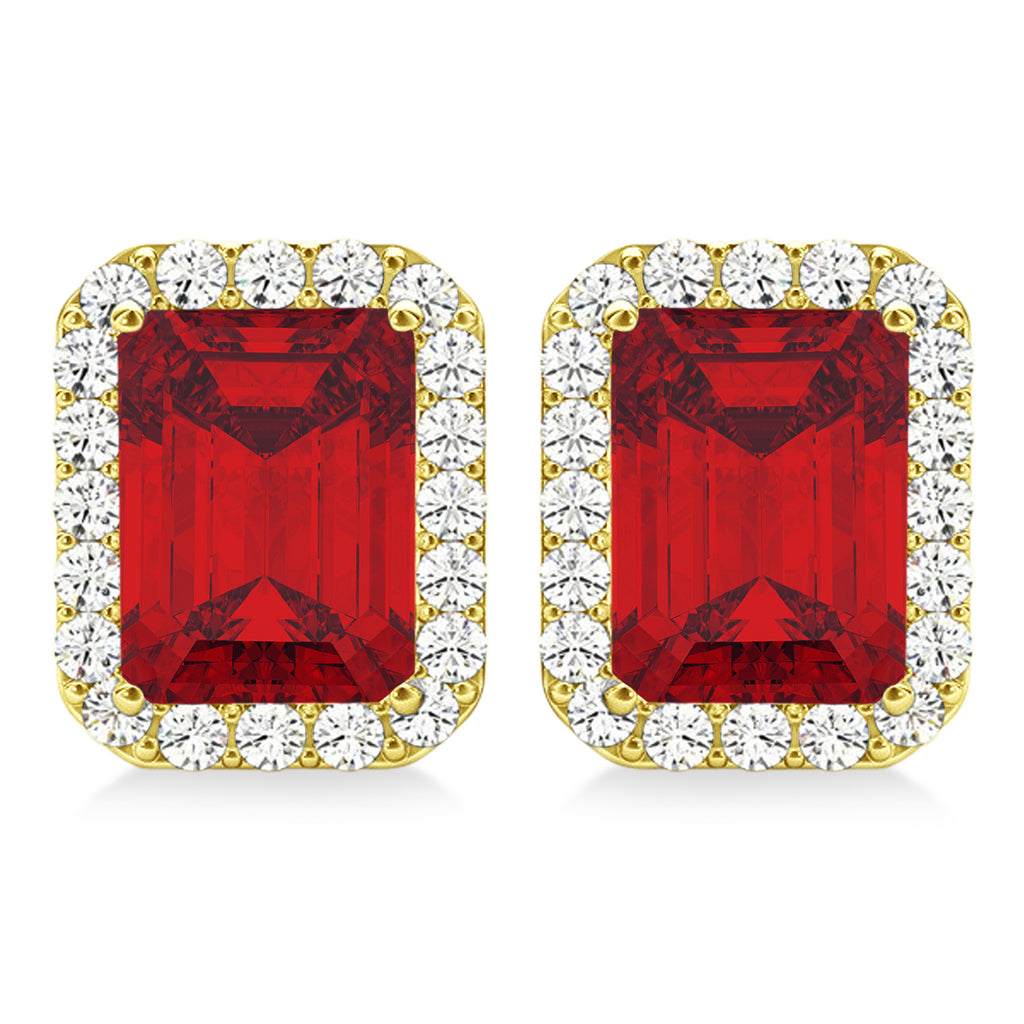 Emerald Cut Lab Ruby & Diamond Halo Earrings 14k Yellow Gold (2.60ct)