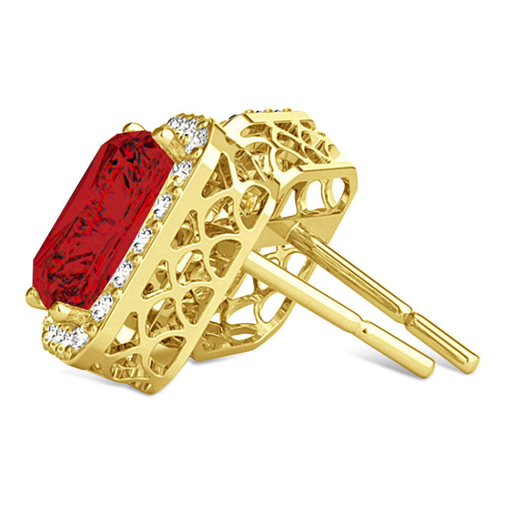 Emerald Cut Lab Ruby & Diamond Halo Earrings 14k Yellow Gold (2.60ct)