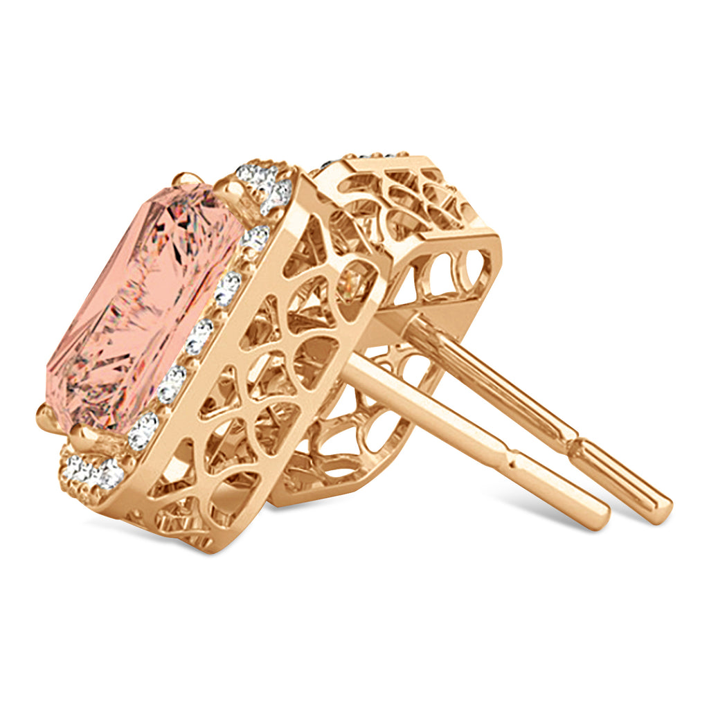 Emerald Cut Morganite & Diamond Halo Earrings 14k Rose Gold (2.10ct)