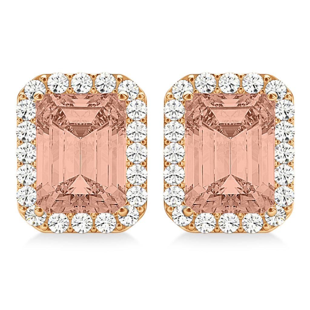 Emerald Cut Morganite & Diamond Halo Earrings 14k Rose Gold (2.10ct)