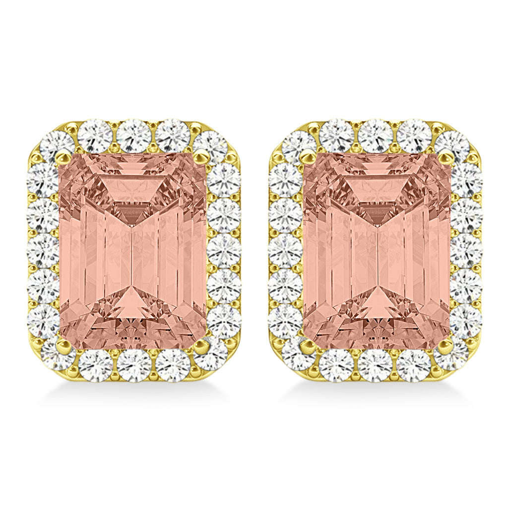Emerald Cut Morganite & Diamond Halo Earrings 14k Yellow Gold (2.10ct)