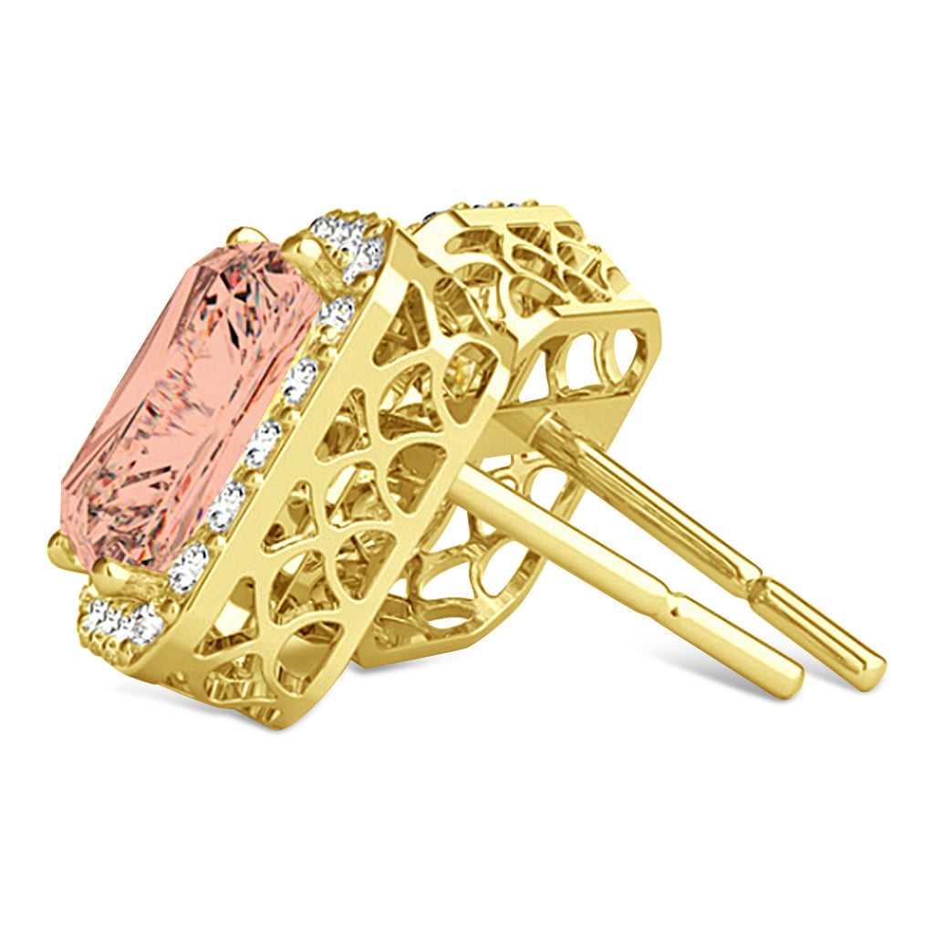 Emerald Cut Morganite & Diamond Halo Earrings 14k Yellow Gold (2.10ct)