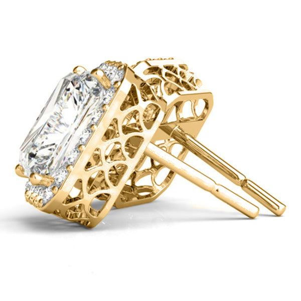Emerald Cut Moissanite & Diamond Halo Earrings 14k Yellow Gold (2.42ct)