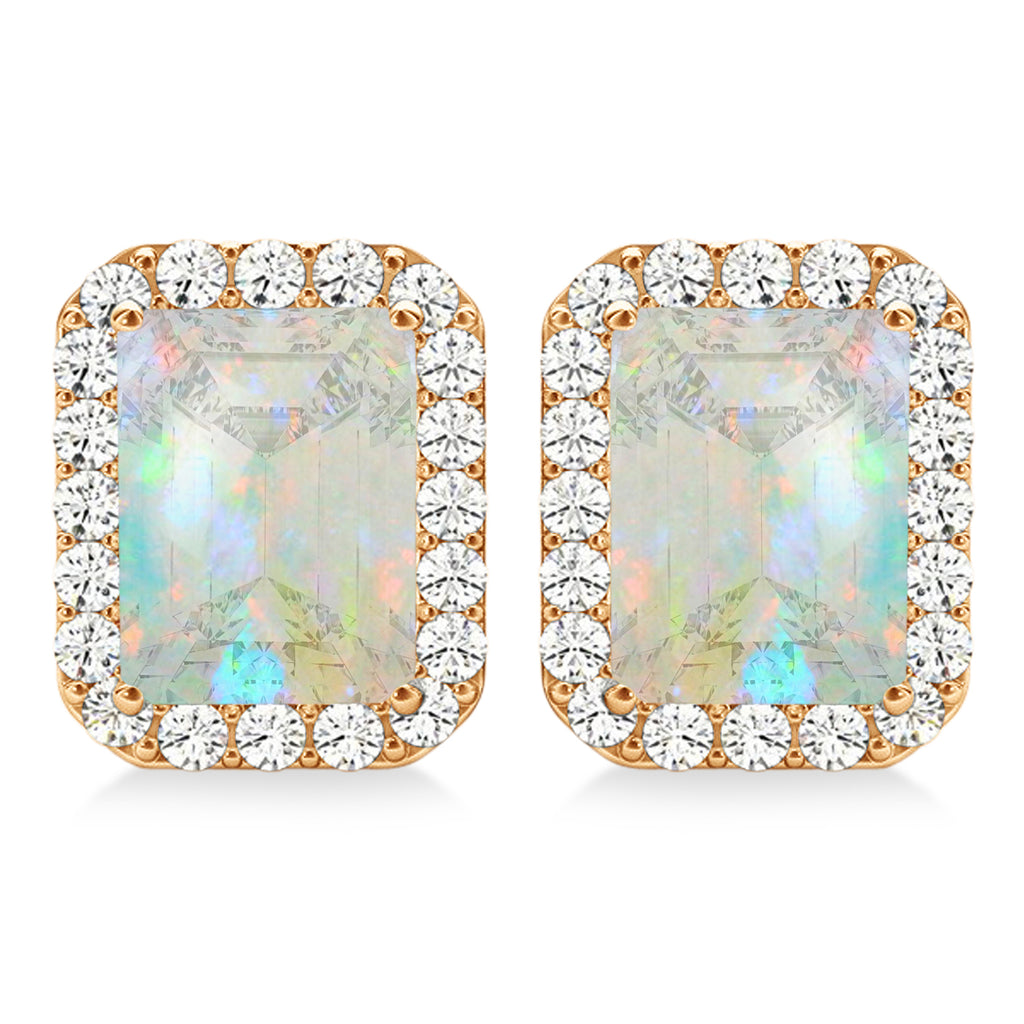 Emerald Cut Opal & Diamond Halo Earrings 14k Rose Gold (1.50ct)