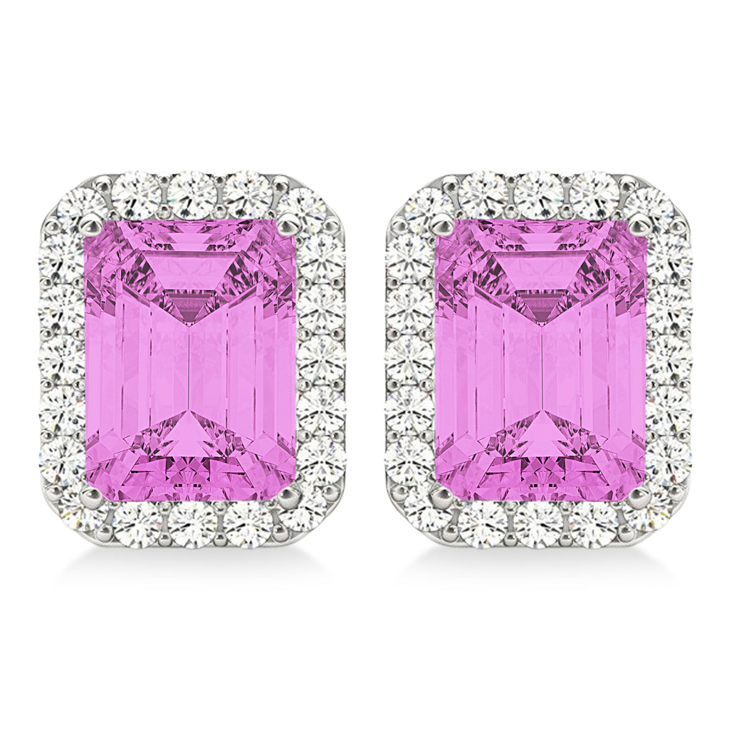 Emerald Cut Pink Sapphire & Diamond Halo Earrings 14k White Gold (2.60ct)