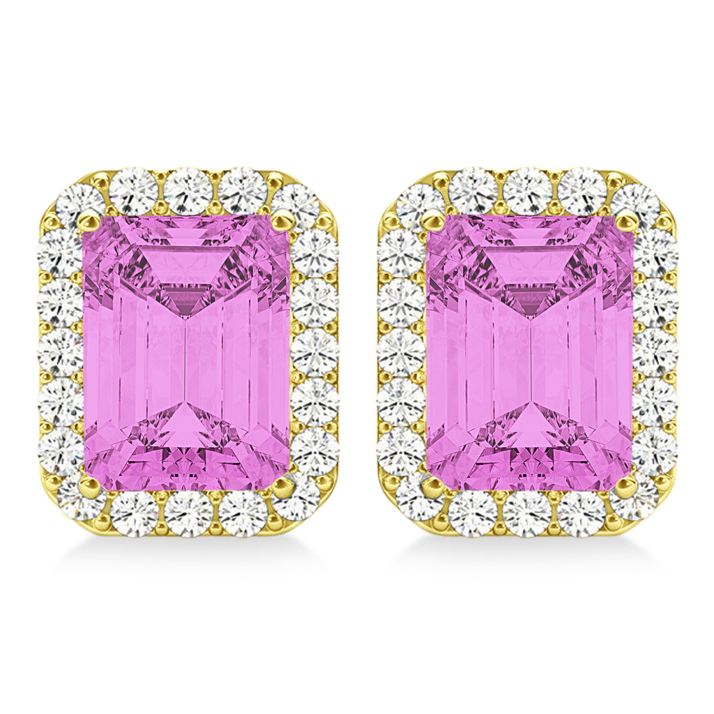 Emerald Cut Pink Sapphire & Diamond Halo Earrings 14k Yellow Gold (2.60ct)