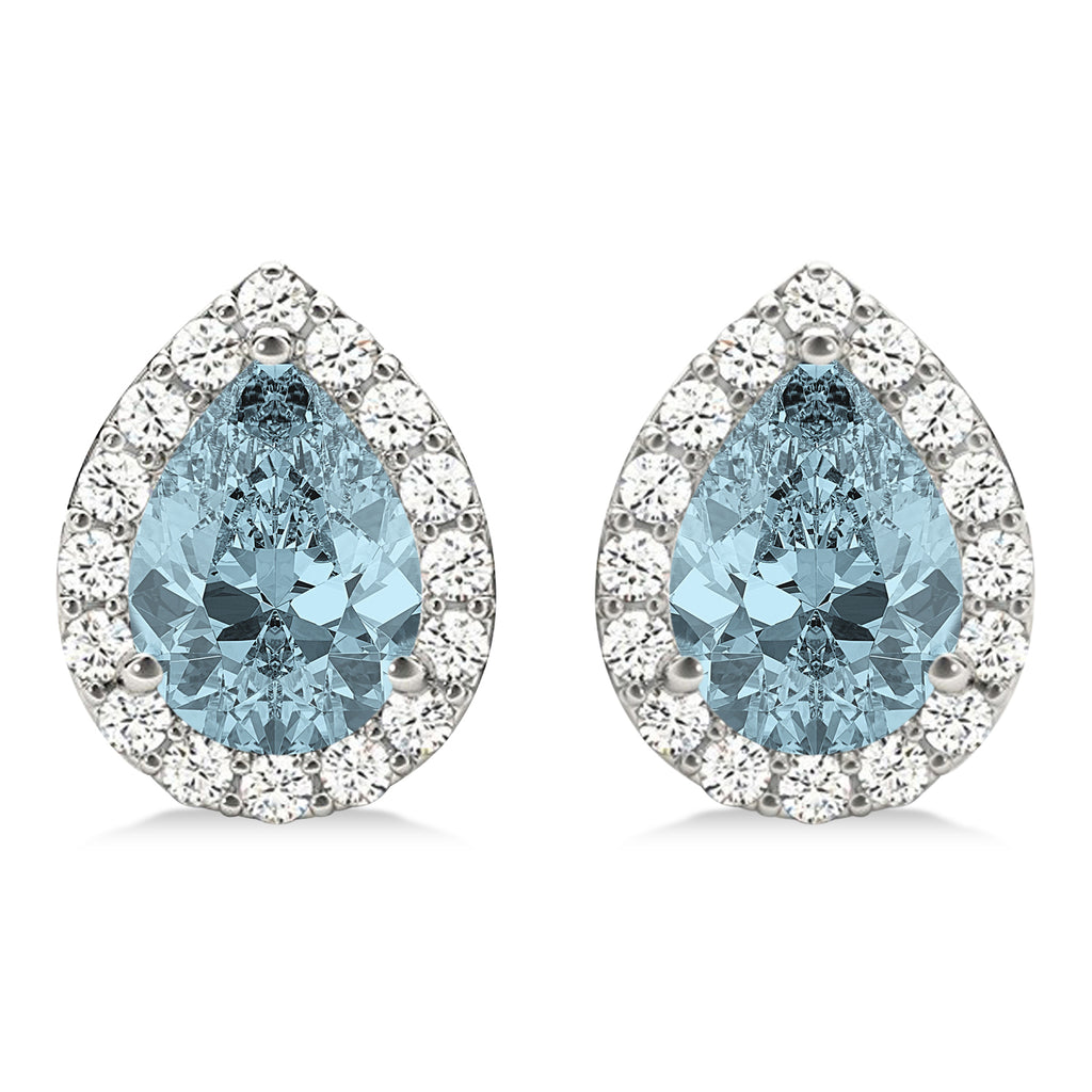 Teardrop Aquamarine & Diamond Halo Earrings 14k White Gold (1.54ct)
