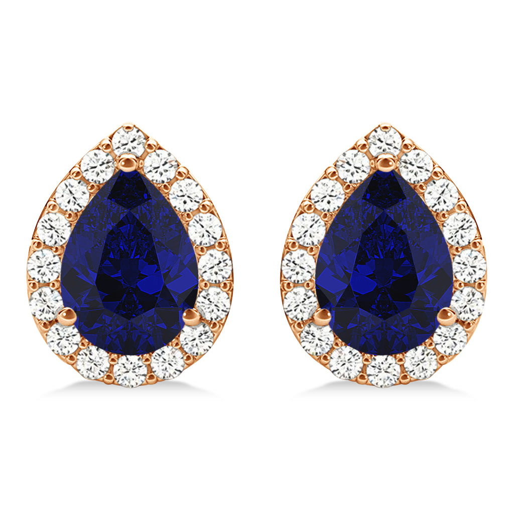 Teardrop Blue Sapphire & Diamond Halo Earrings 14k Rose Gold (1.74ct)