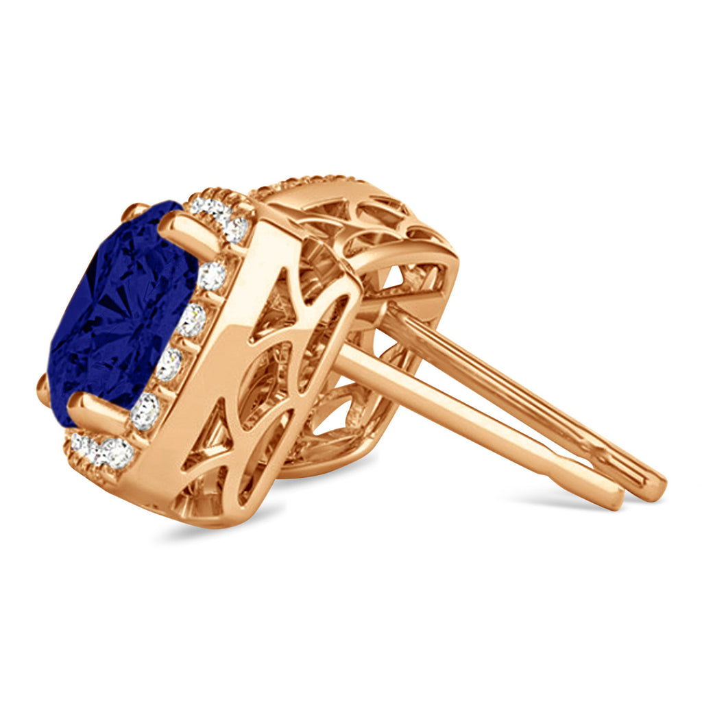 Cushion Cut Blue Sapphire & Diamond Halo Earrings 14k Rose Gold (1.50ct)