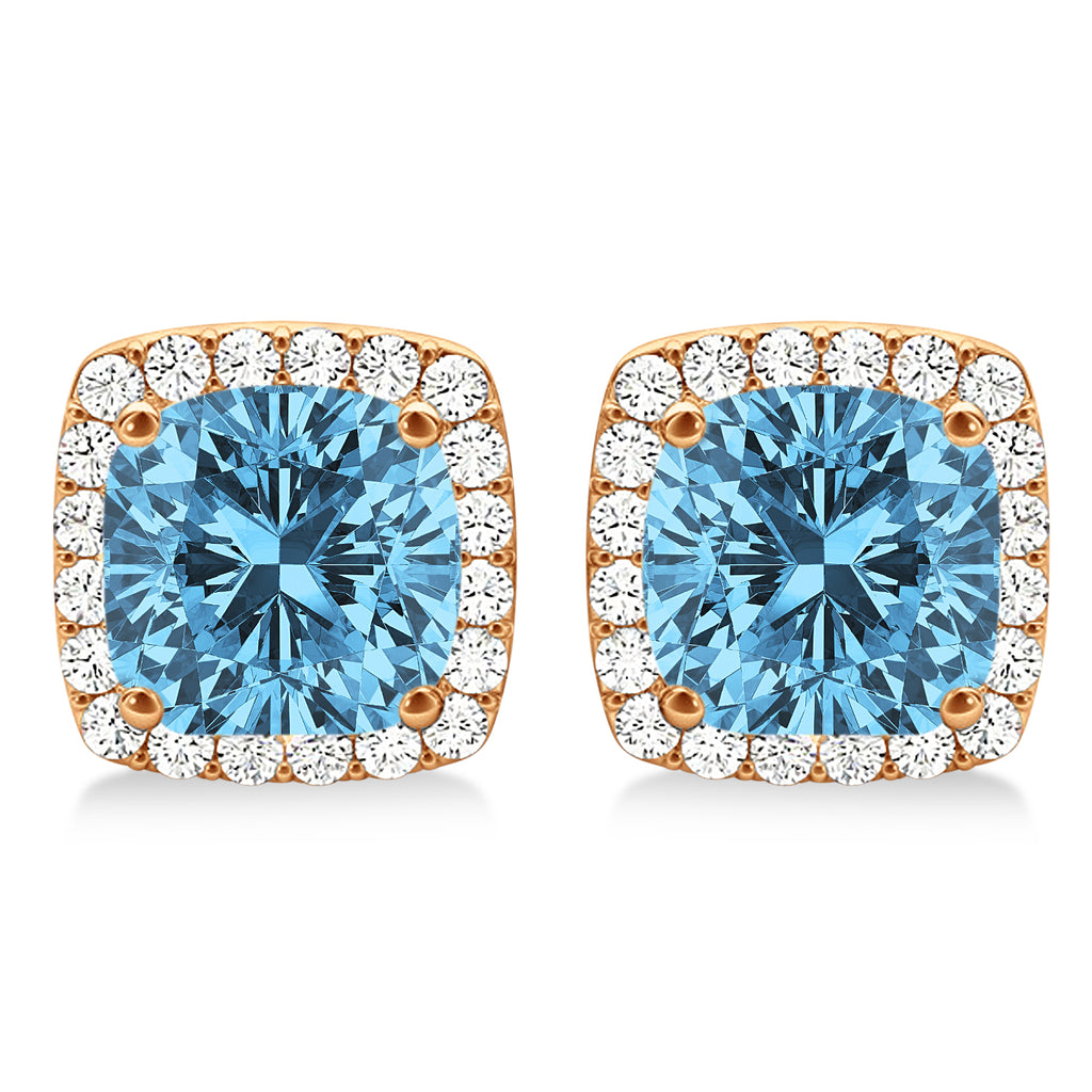 Cushion Cut Blue Topaz & Diamond Halo Earrings 14k Rose Gold (1.50ct)