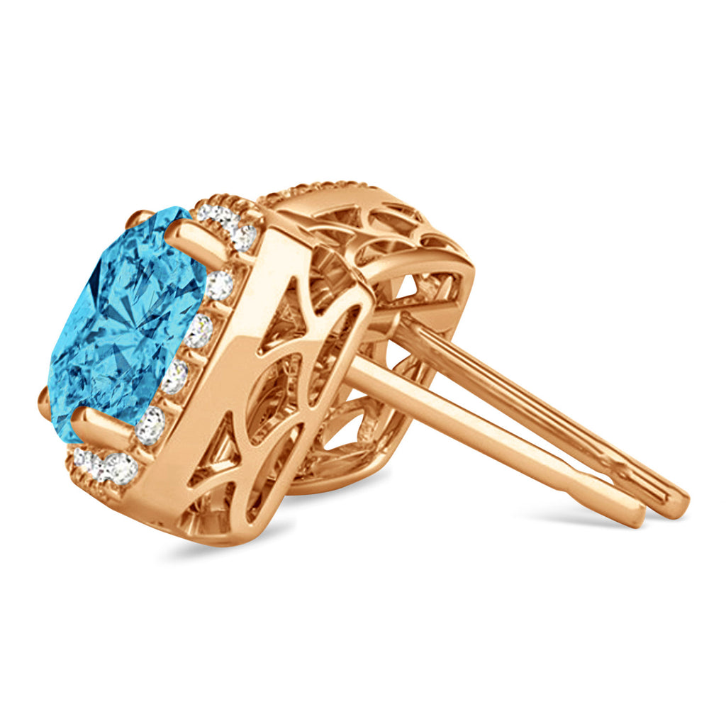 Cushion Cut Blue Topaz & Diamond Halo Earrings 14k Rose Gold (1.50ct)