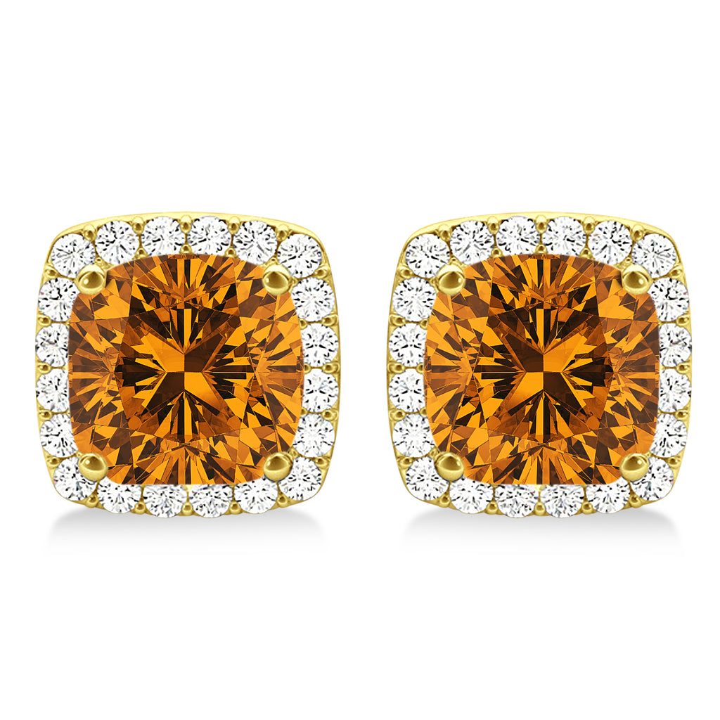 Cushion Cut Citrine & Diamond Halo Earrings 14k Yellow Gold (1.50ct)