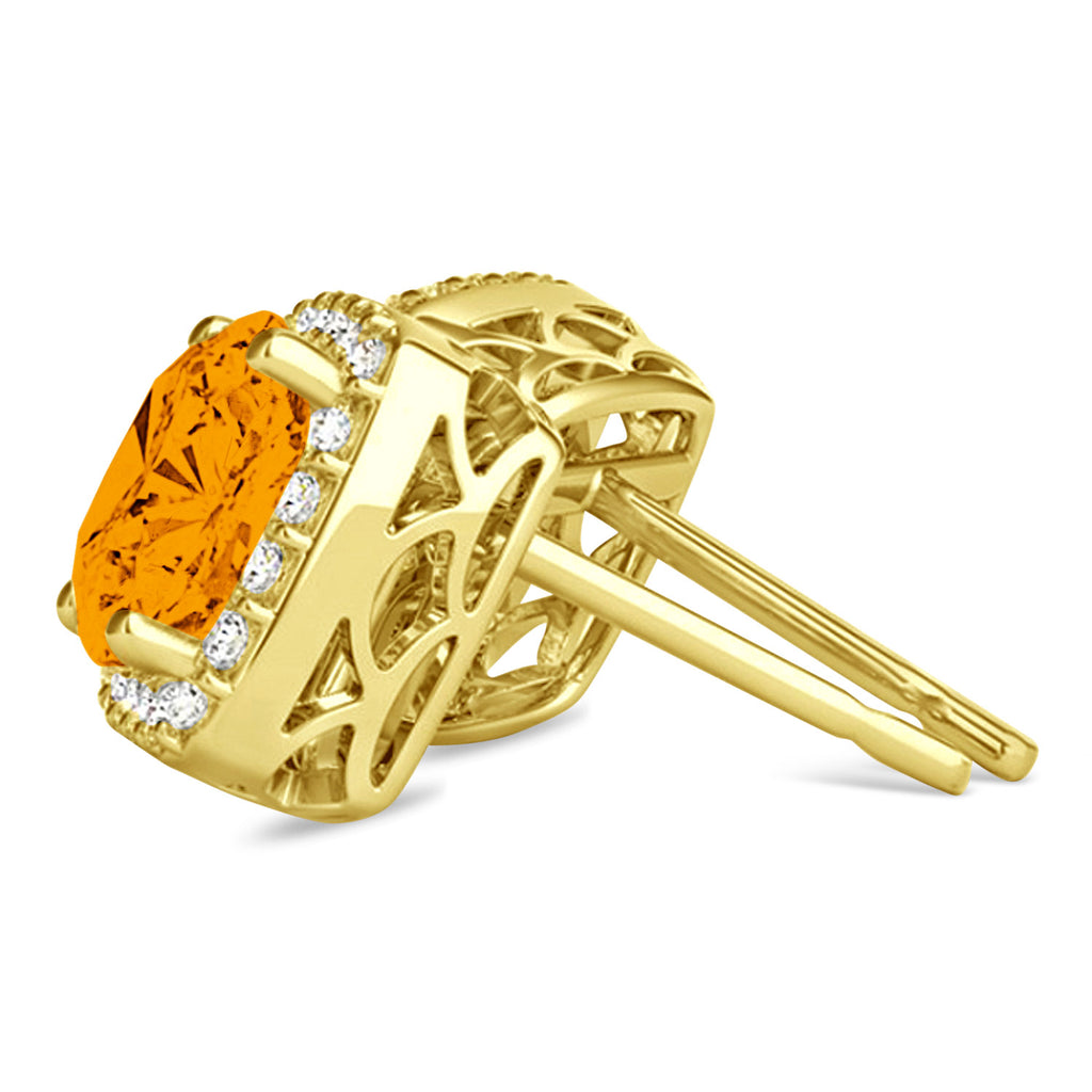 Cushion Cut Citrine & Diamond Halo Earrings 14k Yellow Gold (1.50ct)