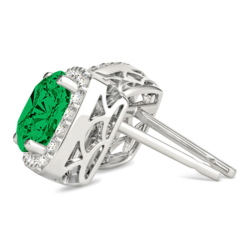 Cushion Cut Lab Emerald & Diamond Halo Earrings 14k White Gold (1.50ct)