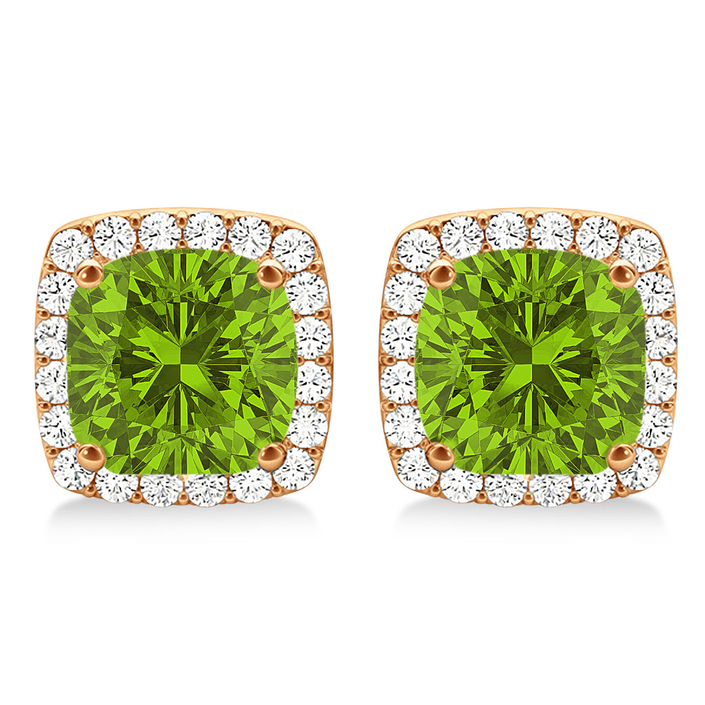 Cushion Cut Peridot & Diamond Halo Earrings 14k Rose Gold (1.50ct)