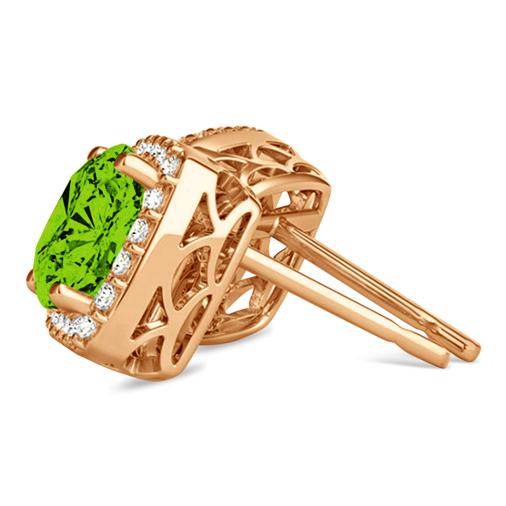 Cushion Cut Peridot & Diamond Halo Earrings 14k Rose Gold (1.50ct)