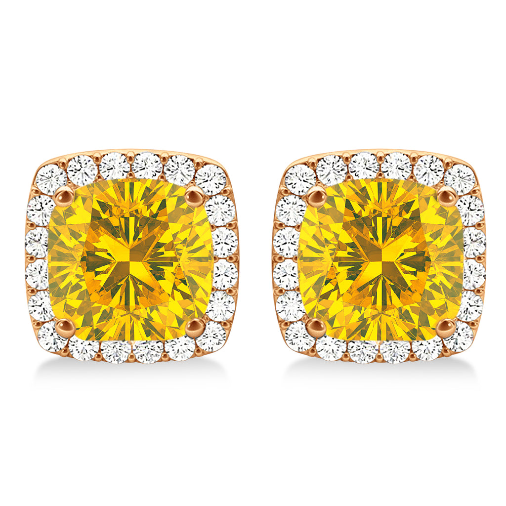 Cushion Cut Yellow Sapphire & Diamond Halo Earrings 14k Rose Gold (1.50ct)