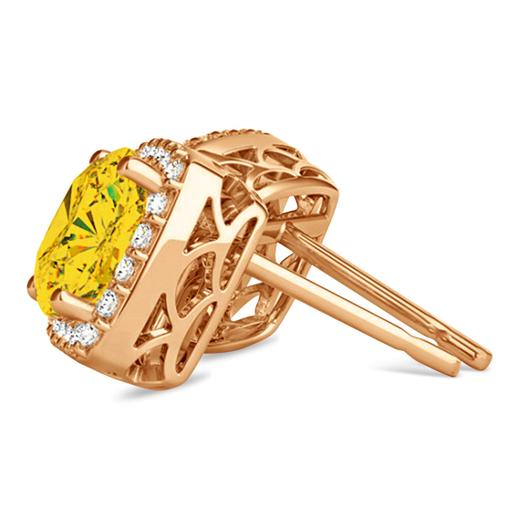 Cushion Cut Yellow Sapphire & Diamond Halo Earrings 14k Rose Gold (1.50ct)