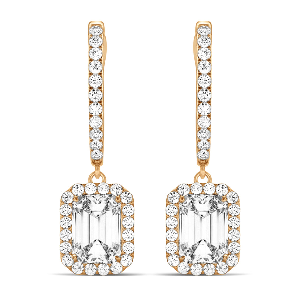 Emerald Shape Diamond Halo Dangling Earrings 14k Rose Gold (1.50ct)