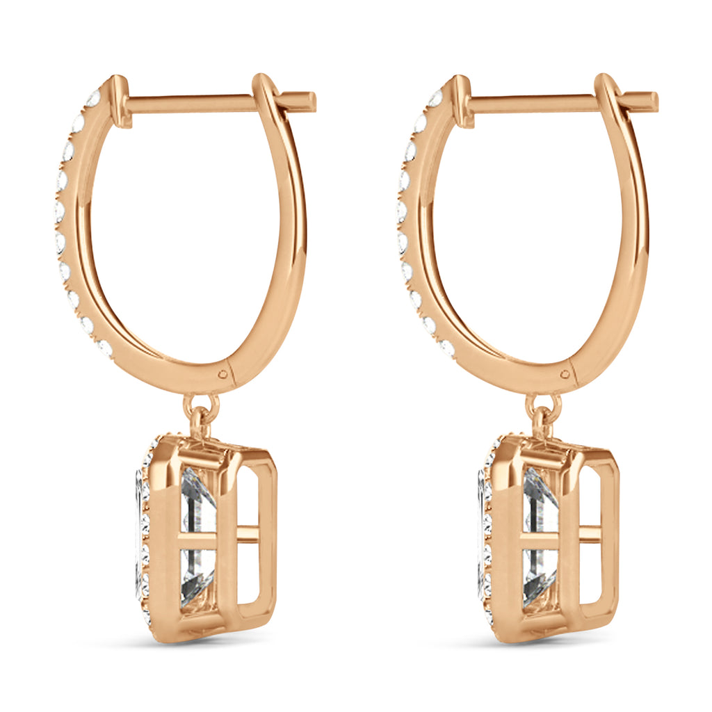 Emerald Shape Diamond Halo Dangling Earrings 14k Rose Gold (1.50ct)