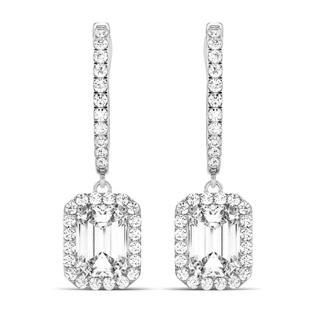 Emerald Shape Lab Diamond Halo Dangling Earrings 14k White Gold (1.50ct)