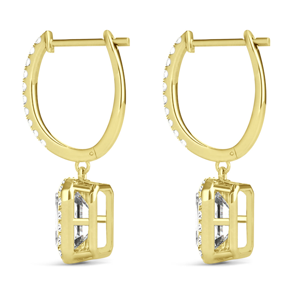 Emerald Shape Lab Diamond Halo Dangling Earrings 14k Yellow Gold (1.50ct)