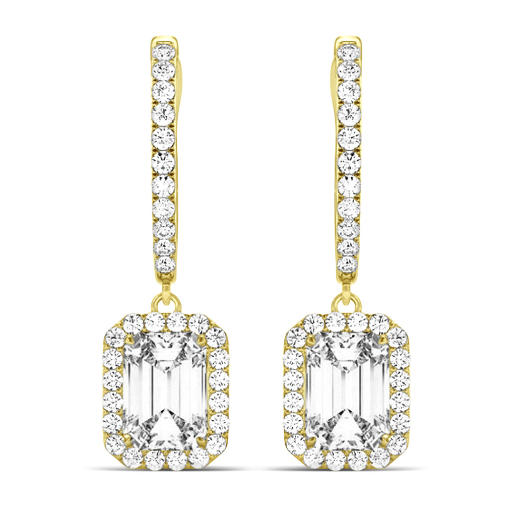 Emerald Shape Diamond Halo Dangling Earrings 14k Yellow Gold (1.50ct)