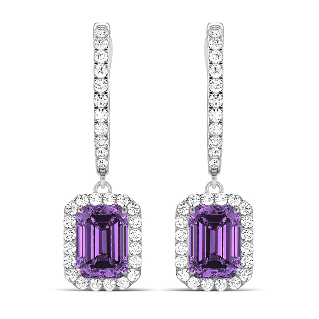 Emerald Shape Amethyst & Diamond Halo Dangling Earrings 14k White Gold (1.60ct)