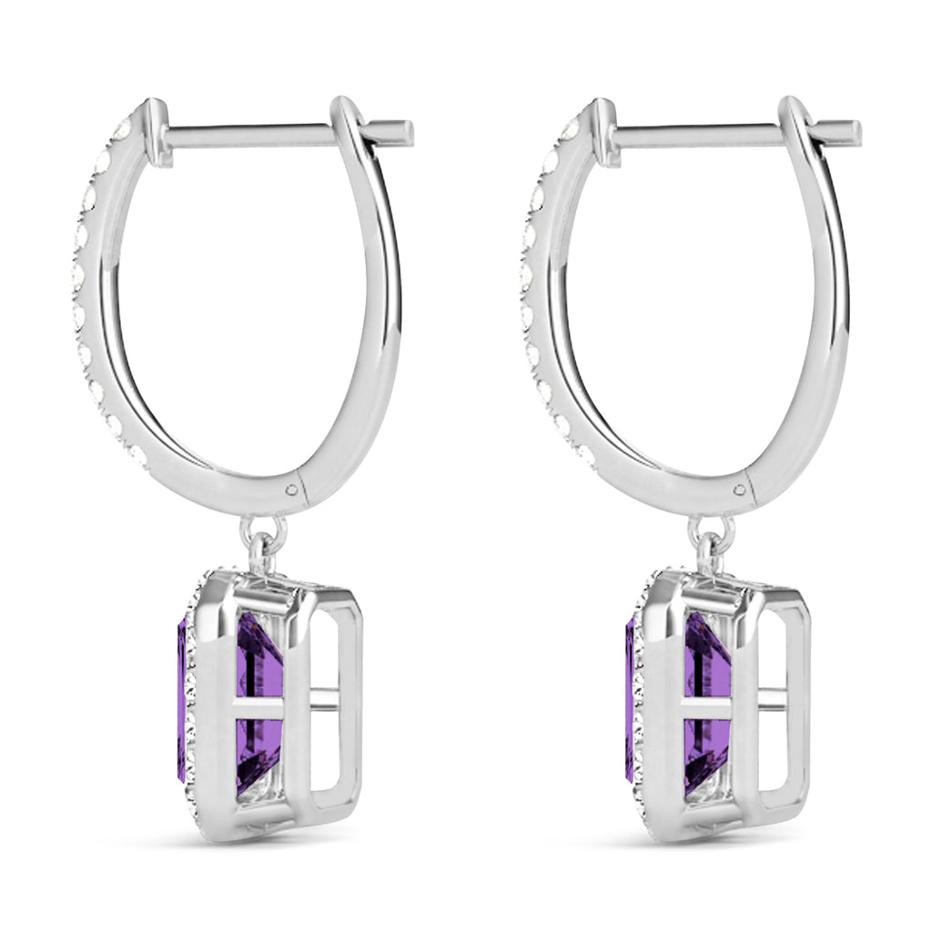 Emerald Shape Amethyst & Diamond Halo Dangling Earrings 14k White Gold (1.60ct)