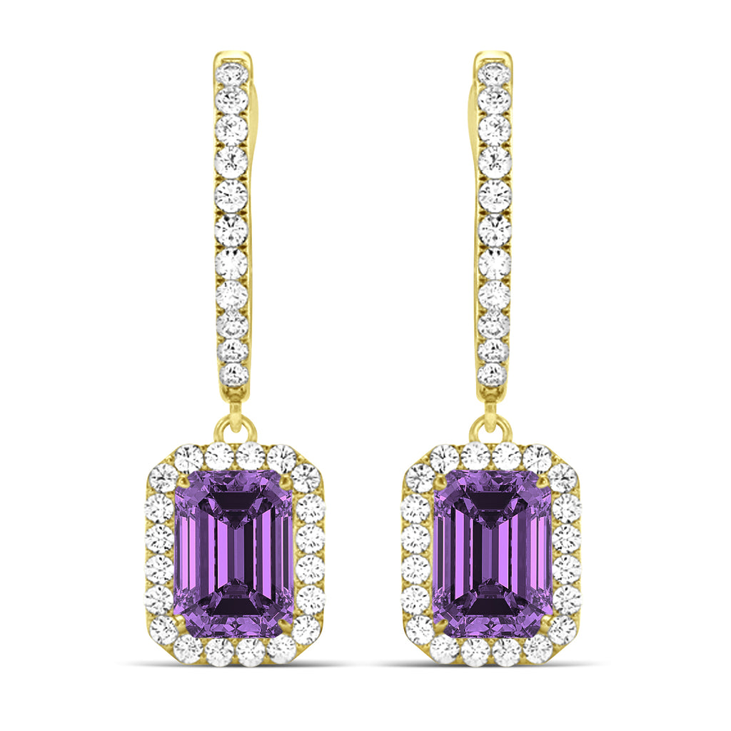 Emerald Shape Amethyst & Diamond Halo Dangling Earrings 14k Yellow Gold (1.60ct)
