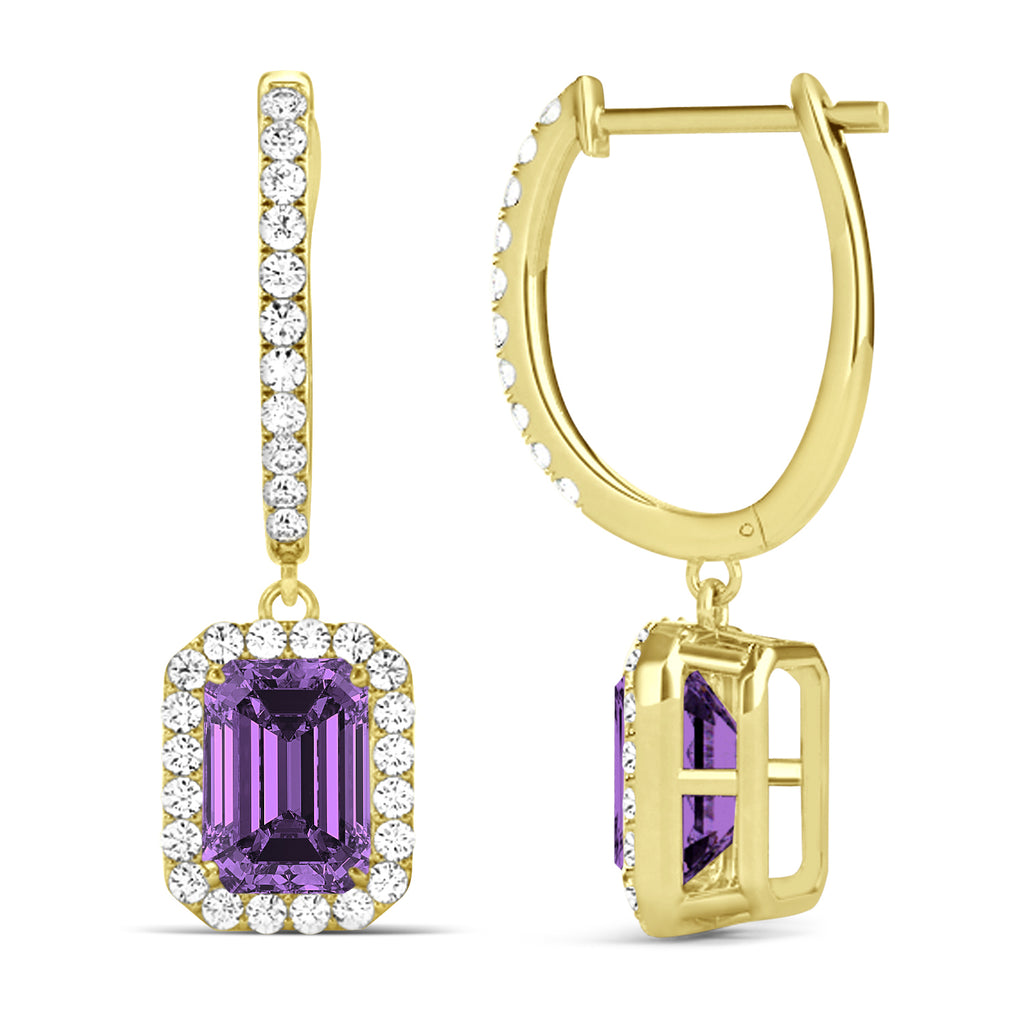 Emerald Shape Amethyst & Diamond Halo Dangling Earrings 14k Yellow Gold (1.60ct)