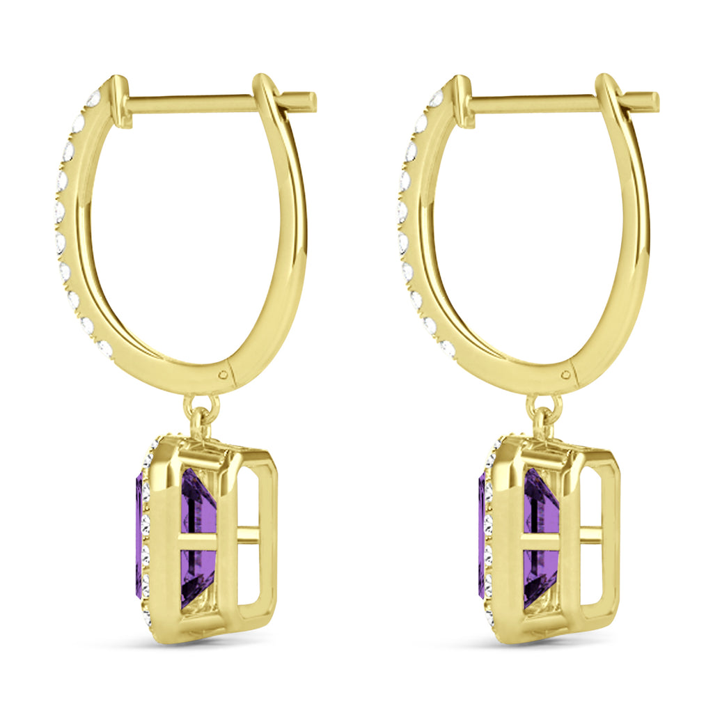 Emerald Shape Amethyst & Diamond Halo Dangling Earrings 14k Yellow Gold (1.60ct)