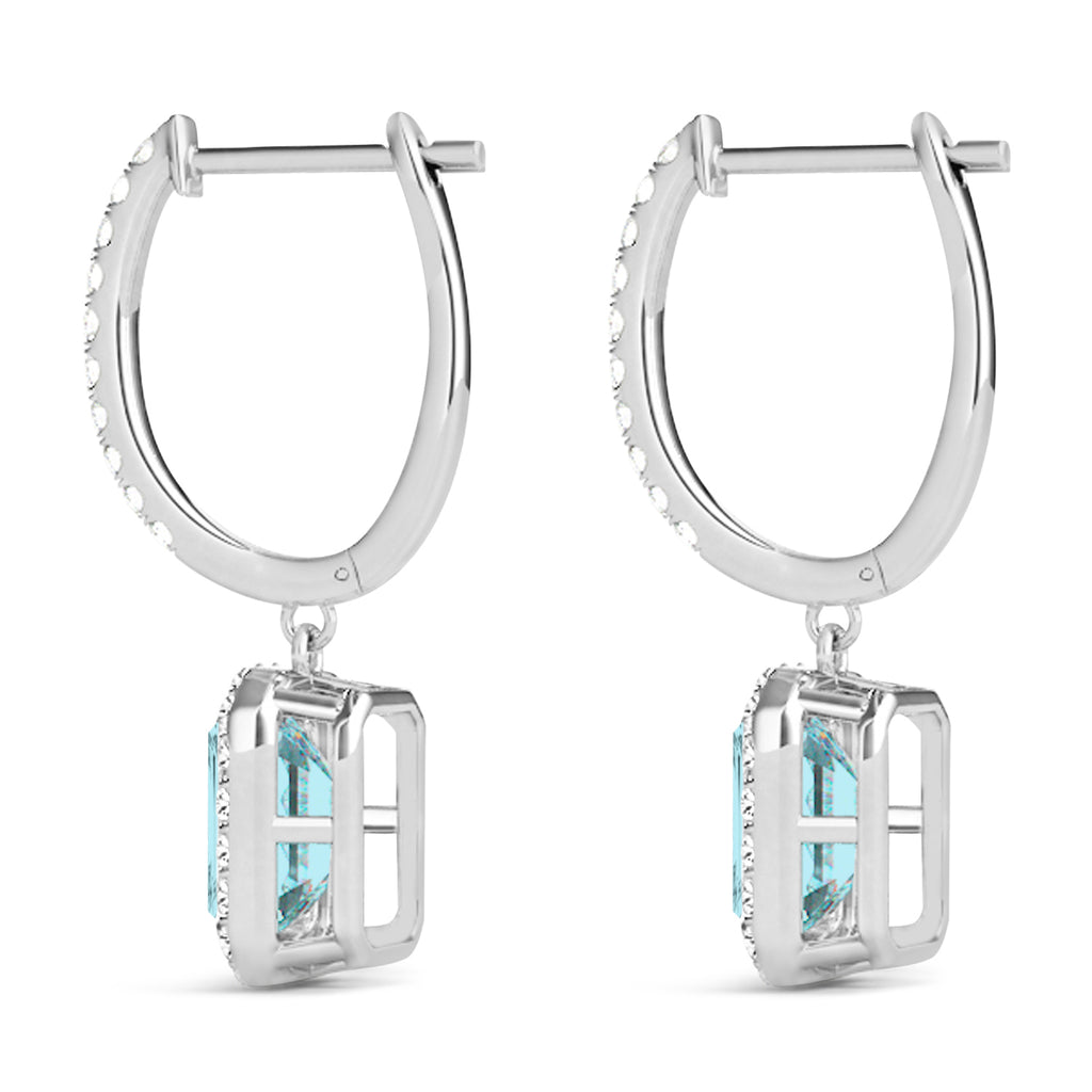 Emerald Shape Aquamarine & Diamond Halo Dangling Earrings 14k White Gold (1.50ct)
