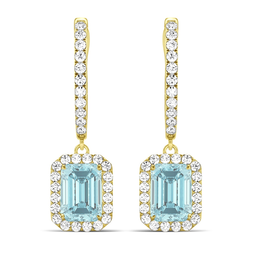 Emerald Shape Aquamarine & Diamond Halo Dangling Earrings 14k Yellow Gold (1.50ct)
