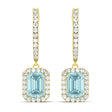 Emerald Shape Aquamarine & Diamond Halo Dangling Earrings 14k Yellow Gold (1.50ct)